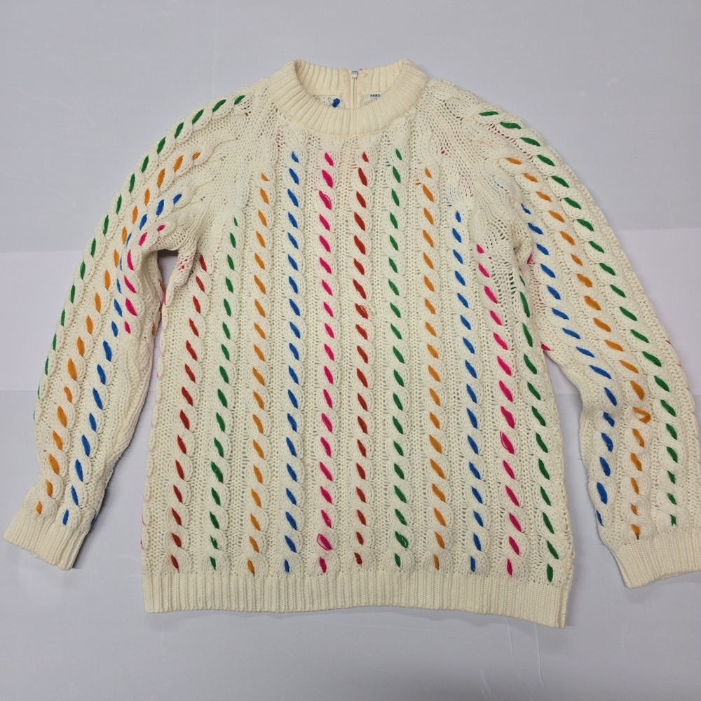 Kids Vintage Hand Loomed Cable Knit Rainbow Color Sweater‎ Top Full Fashioned